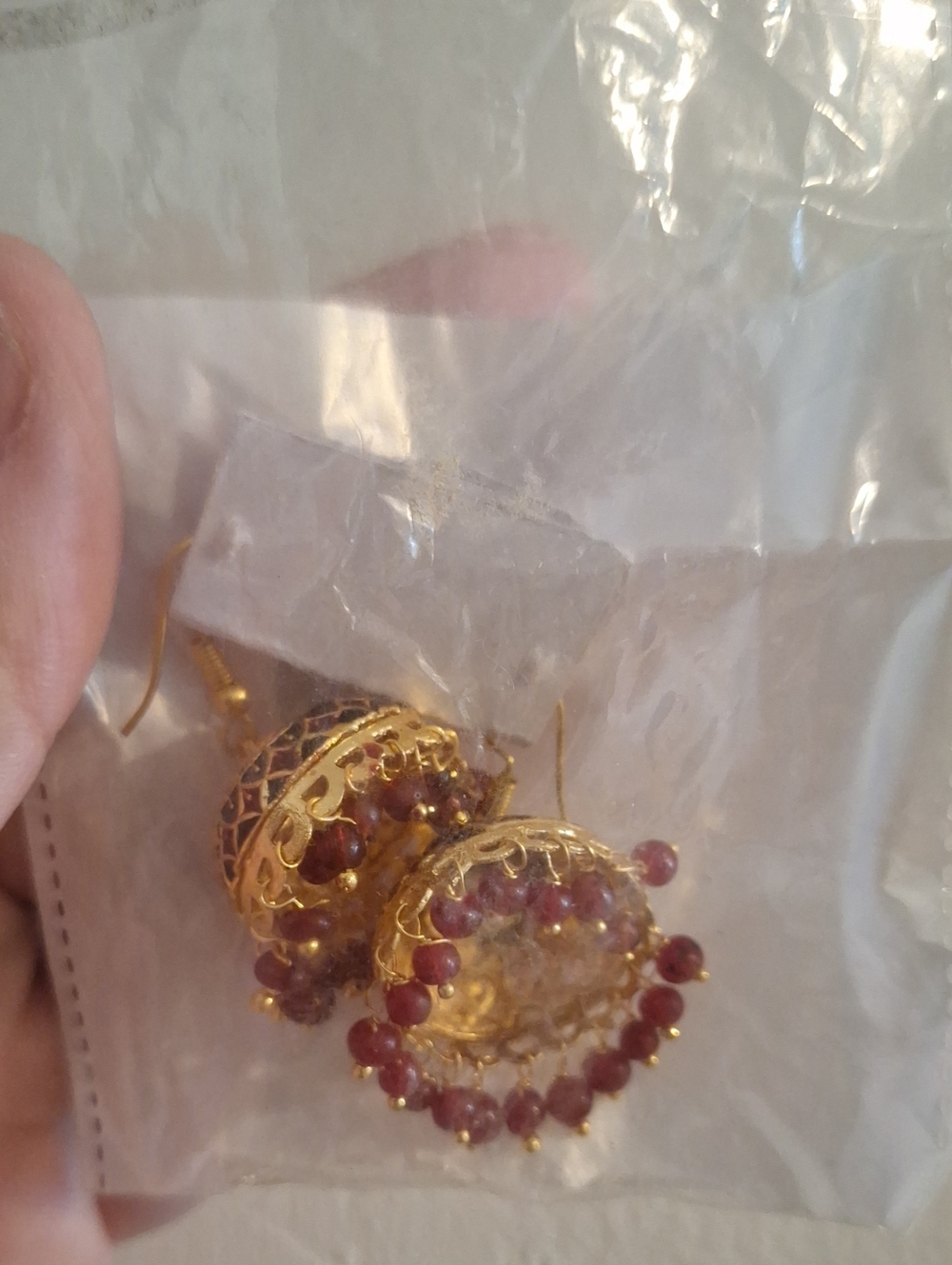 Gold and Maroon Beaded Jhumka Earrings - Elegant Women Jewelry